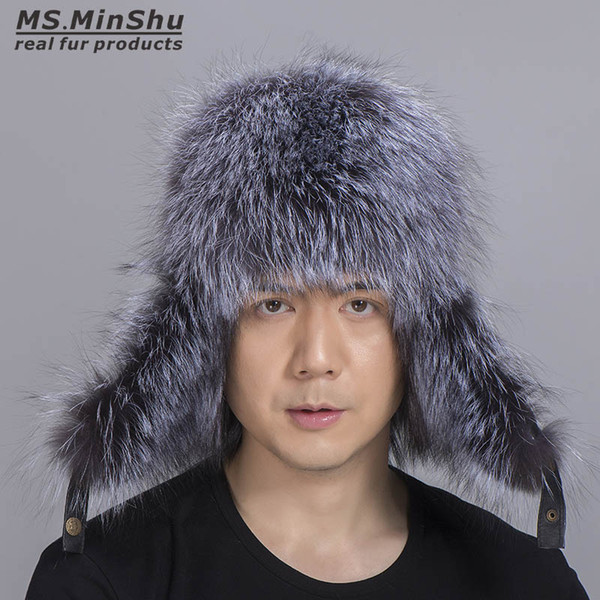 Russian Fur Hat Unisex Silver Fox Fur Hat with Sheepskin leather Outer shell Winter Earflap Natural Fox Fur Cap Ms.MinShu
