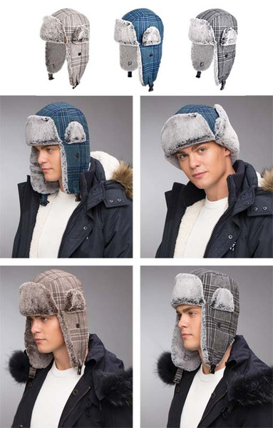 Stand Focus Unisex Russian Faux Fur Bomber Hat Skiing Women Men Fashion Winter Plaid Wool Blend Earflap Trapper Ushanka Aviator Outdoor Warm
