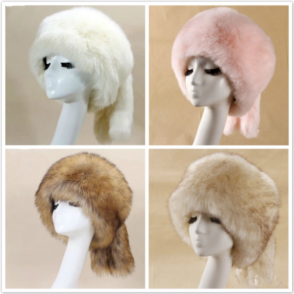 factory Wholesale-2018 New faux Fox Fur Round Flat Top Imitation Fur Hatr Autumn Winter Warm Tail hat