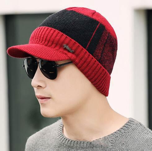 Men Winter Wool Hat For Women Male Skullies Cap With Brim Knitted Visor Beanies Adult Warm Bonnet