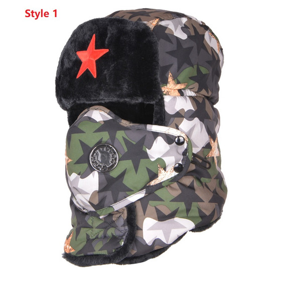 Adult Camouflage Bomber Hats Male Red Star Army Lei Feng Hat Winter Warm Ear Protection Cap Men's Wind Proof Mask Cap B-8477