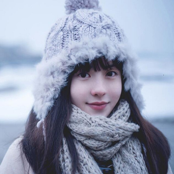 Ladies winter rabbit hair twist knitting wool ball plus velvet ear protection warm Bomber Hats