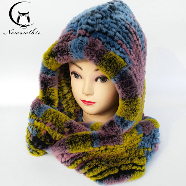 Wholesale- Hat Women 2017 Real Knitted Rex Rabbit Fur Hat Hooded Scarf Long Winter Warm Fur Hat With Neck Collar Scarves