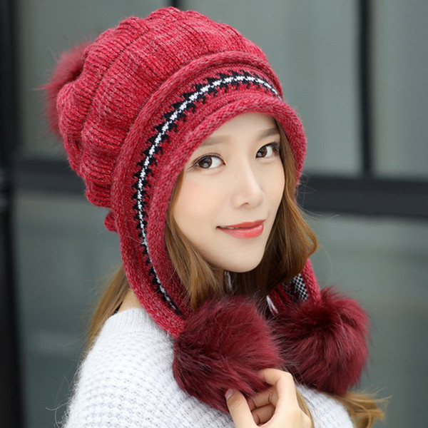 Women Winter Hats Pompom Fashion Berets Female Gorros Fur Hats Knitted Beanies Thicker Hat with Flaps Cap Scarf Earflap