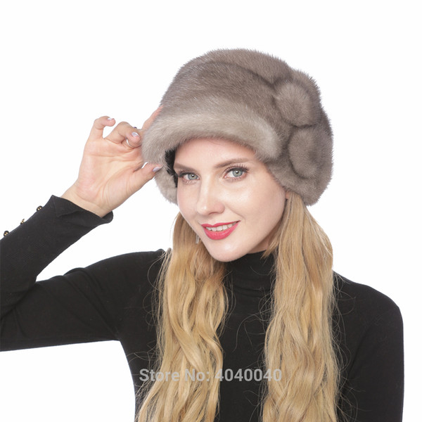 Bravalucia Fashionable Mink Women Winter Hat with Flower Real Fur Cap for Girls Bomber Ear Flap Outdoor Hats Women Beanie Russia