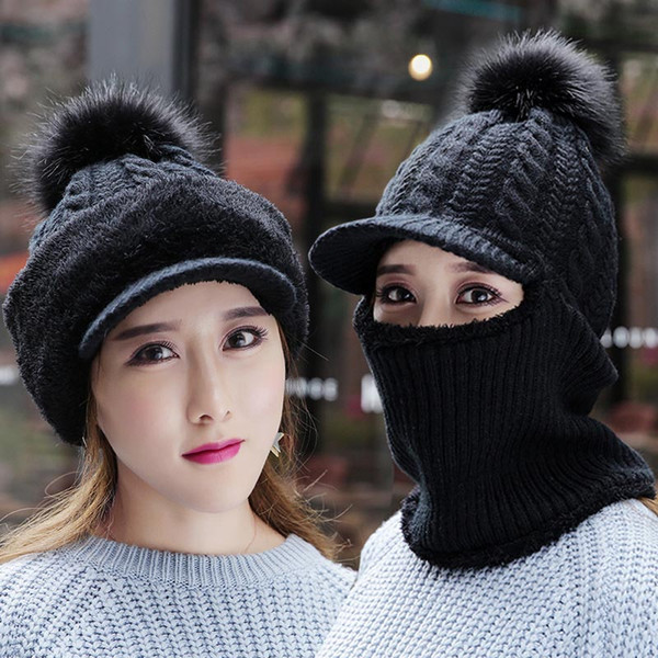 Autumn Winter Women Hat Caps Knitted Wool Warm Scarf Thick Windproof Balaclava Multi Functional Hat Scarf Set For Women