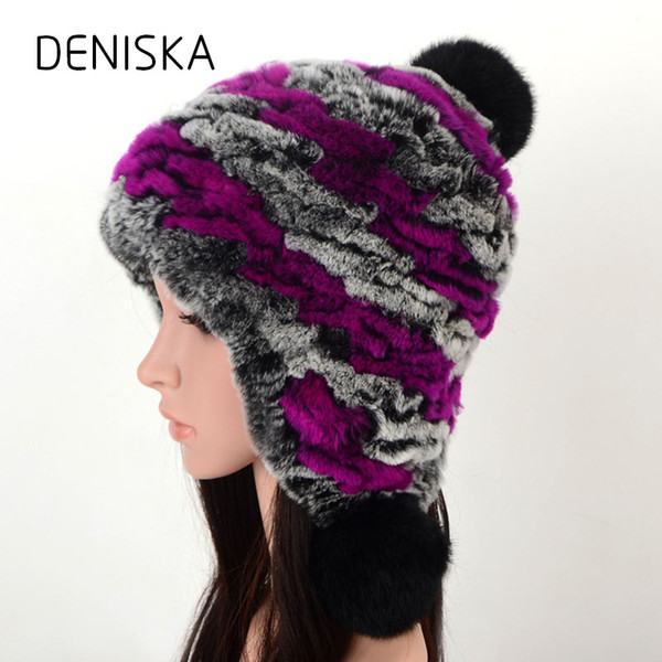 Women Genuine Knitted Rex Rabbit Fur Hats Russian Hat Natural Stripe Rex Rabbit Fur Caps Winter Warm Head Wear