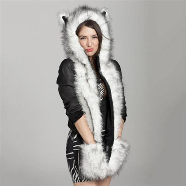 Winter Fluffy Dint Scarf Shawl Glove Plush Cap Girl Hat Warm Cap WomenFaux Fur Hat 013