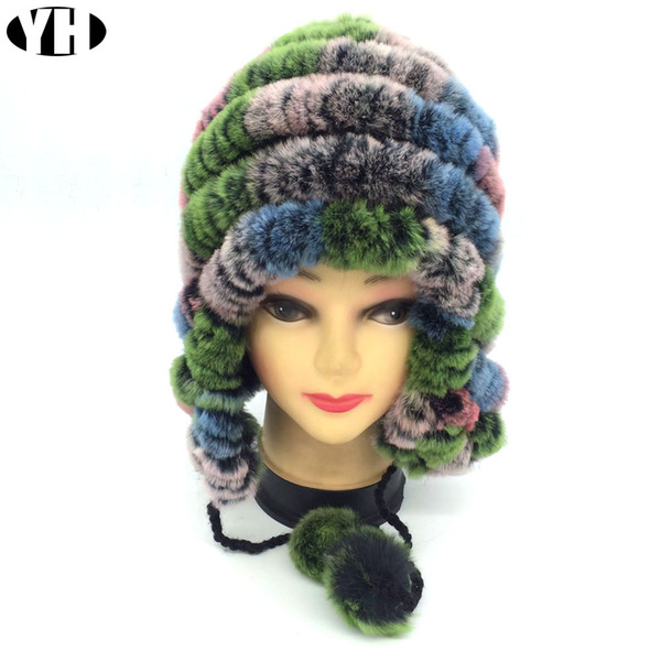 Winter women real fur hat natural rex rabbit fur caps Bomber Hats Lady real cap ear hat warm heargear knitted