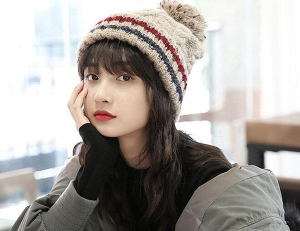 Women Soft Stretch Knit Rainbow Stripe Hat Warm Crochet Wool Ski Slouchy Caps Hat Ladies Fashion Hats For Women Female