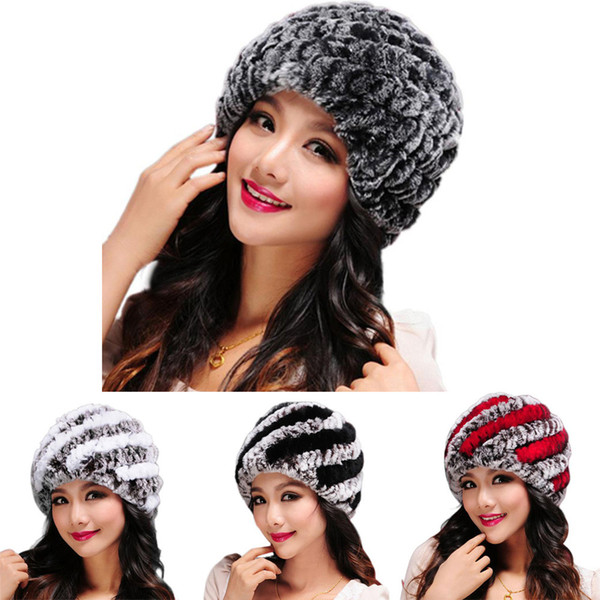 Fashion Womens Rex Rabbit Fur Hats with Stripe Design Cute Ladies Winter Warm Rex Rabbit Fur Caps