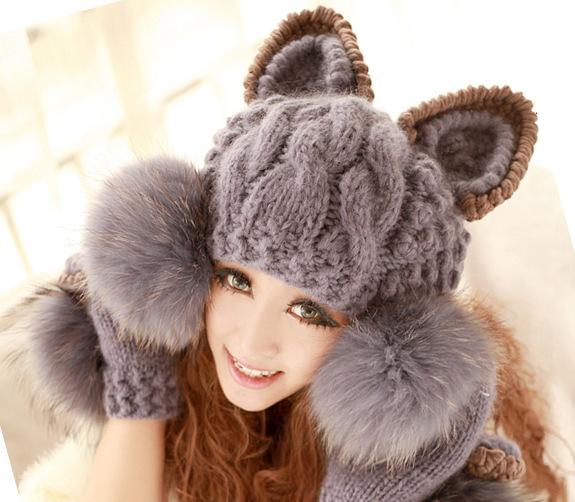 Hot Sale Cat Ears Women Hat Knitted Acrylic Warm Winter Beanie Caps Crochet Fur 2018 New Girlfriend's Gift