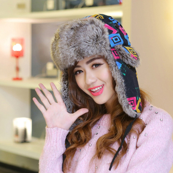 HT544 New Fashion Women Winter Hats Cap Warm Casual Trapper Caps for Women Geometric Bomber Hats Caps Female Russian Fur Hat