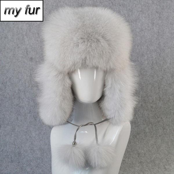 2019 Winter Women Real Fox Fur Bomber Hat Natural Raccoon Fox Fur Ushanka Hats Thick Warm Outdoor Real Leather Cap
