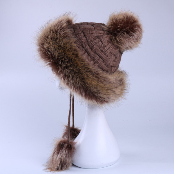 Faux Fox Fur Ushanka Russain Cossack Fluffy Pompom Bomber Hats Earflap Female Winter Snow Ski Caps Trapper  Cap