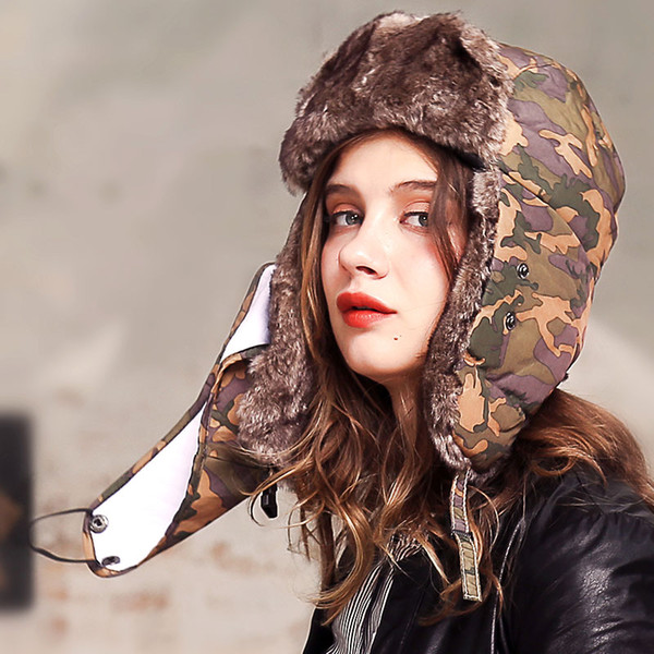 XJHOOOO New 2018 Warm Winter Snow Bomber Hats Women Faux Fur Camouflage Print Girls Hat With Ear Flaps Russian Gorros mujer