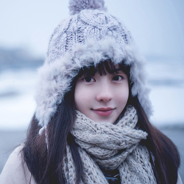 Women Knitted Bomber Hat Faux Fur Earflap Twisted Ball Pom Poms Warm Beanies Windproof Thick Cute Hats Fashion Girl Accessories