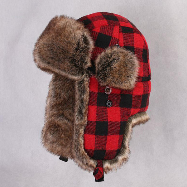 Wholesale- Winter Trapper Bomber Hat Male Faux Rabbit Fur Russain Ushanka Warm Earflap tAviator Trooper Snow Cap Vintage Plaid Cycling Hats