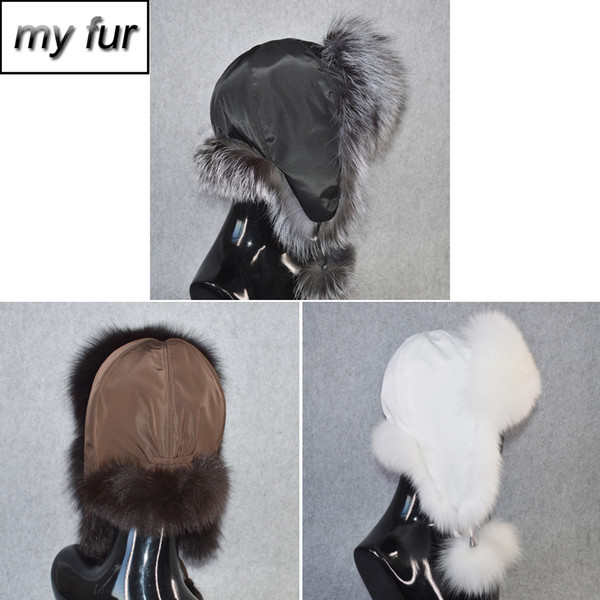 Hot Sale Russia Women Real Fox Fur Bomber Hat Natural Raccoon Fox Fur Ushanka Hats Thick Warm Earmuff Caps Real Cap