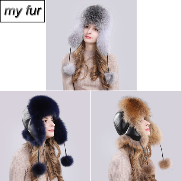 Quality Russian Women Real Fox Fur Bomber Hat Natural Raccoon Fox Fur Ushanka Hats Thick Warm Earmuff Real Leather Cap