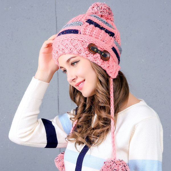 2018 Winter hats for women hat pompom fashion Berets Women's gorros fur hats knitted beanies Thicker hat with flaps cap