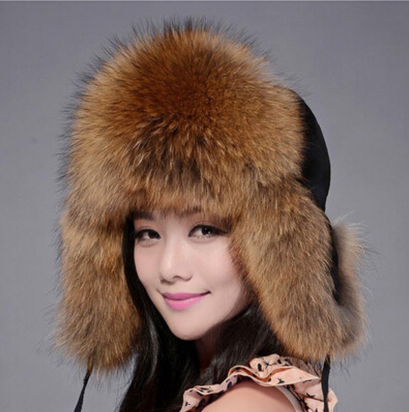 ZDFURS 2016 Russian Winter Fox Fur Caps Raccoon Fur Hats Women Bomber Hats Best Christmas Gift 8 Colors in Stock