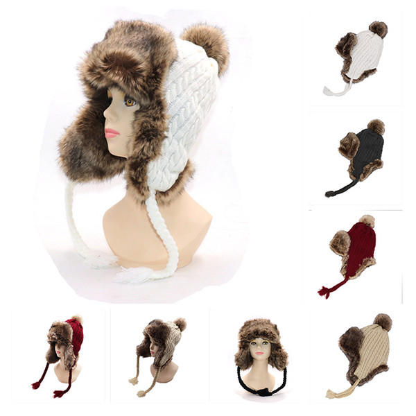 Women Faux Fox Fur Pompom Russian Ushanka Wool Knitted Ear flap Bomber Trapper Hat Winter Snow Ski Cap Pilot Trooper z284