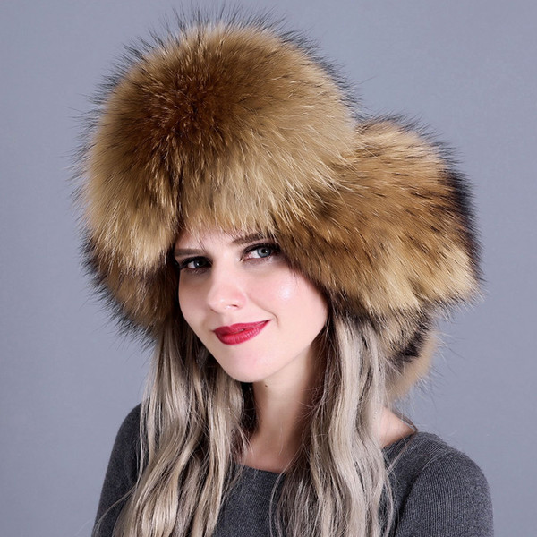 Women Natural Cap Warm Real Fox Fur Trapper Thick Autumn Winter Snow Skiing Adjustable Bomber Hat Earflap