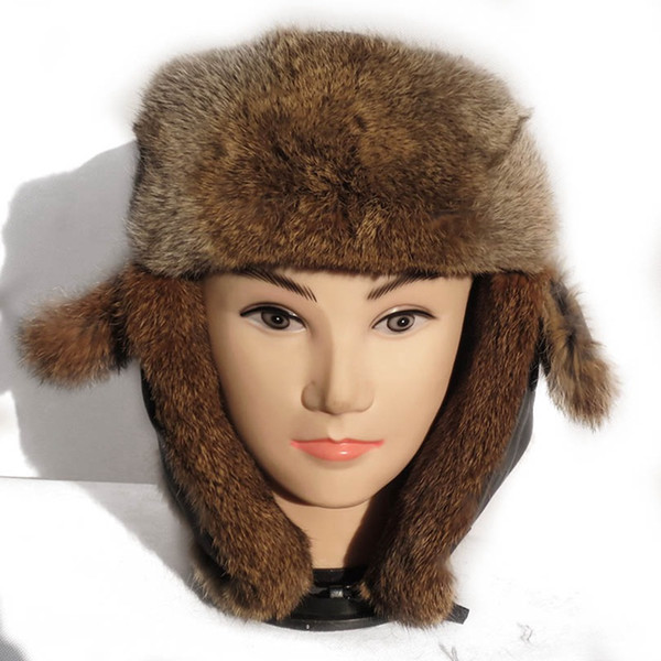 (TopFurMall) Genuine Real Rex Rabbit Fur Bomber Hats Winter Warm Caps Fashion Ear Protector Headgear LF6004