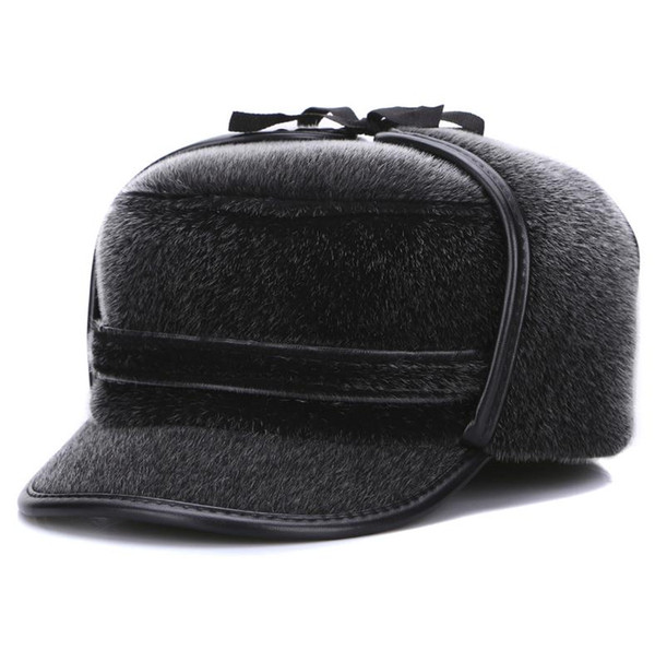 Mens Sheep Fur Winter Hats Leather Trapper Hat With Ear Flaps Warm Snow Caps Russian Hat Bomber Cap Earmuffs Earflap