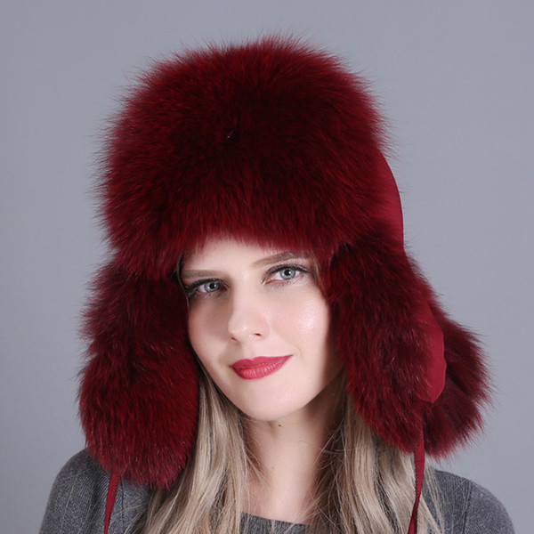 Women Warm Thick Cap Snow Real Fox Fur Natural Skiing Adjustable Earflap Trapper Bomber Hat Autumn Winter