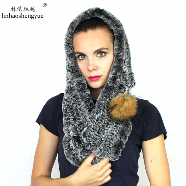 Wholesale- Linhaoshengyue 2017 NEW hot Real Rex rabbit fur women cap scarf hat with raccoon fur ball fashion warm