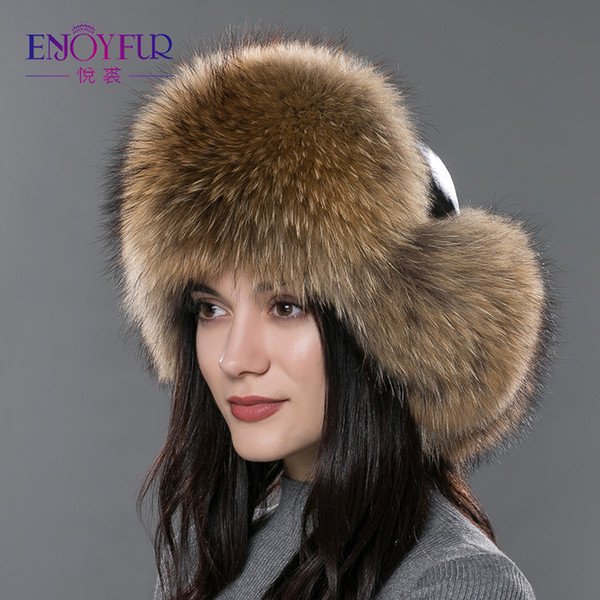 Women's fur hat for winter genuine leather fur tapper hat with pom pom ear protect bomber hats Russian Ushanka caps
