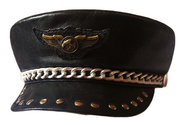 Punk Rock Show Rivet Navy Hat Motorcycle Club Eagle Badge Sheepskin Leather Hat Genuine Leather Hat Props