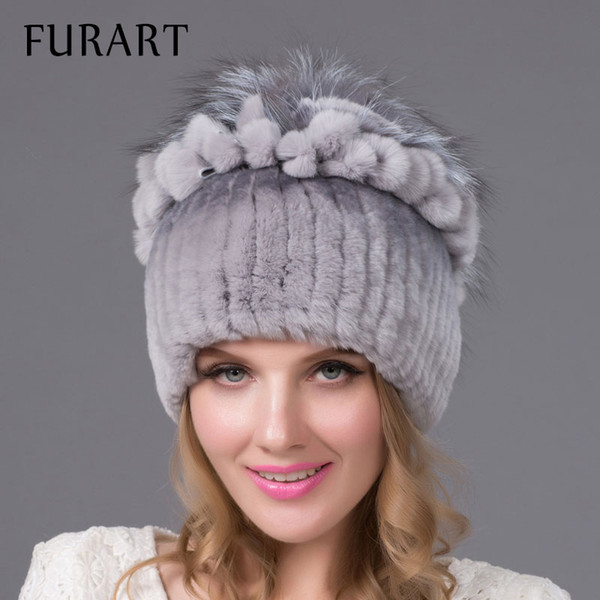 Wholesale- Women's Winter Fur Hat Real Rex Rabbit Fur Hats with Fur Flower on the Top Female Knit Beanies Caps 2015 Fashion