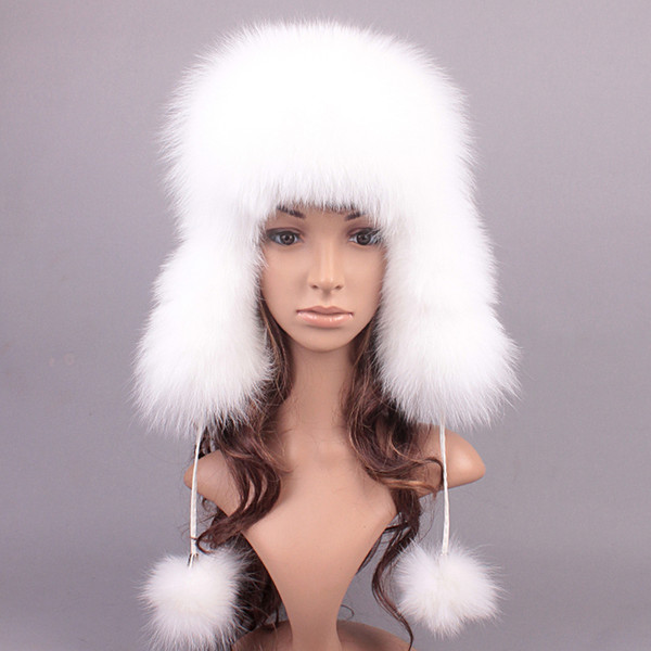 Fur Bomber Hats Women Unisex Real Fox Fur Caps Female With Farps Beanies Hat Solid Waterpoof Fabric Russian Winter Hat