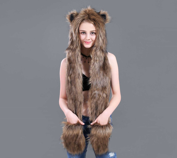 2018 hot trend fashion winter imitation fur hat fur cap cartoon animal hat scarf gloves one