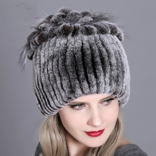 Women Fur Hat For Winter Natural Rex Rabbit Fox Fur Cap Russian Female Fur Headgear 2018 Brand New Fashion Warm Beanies Cap