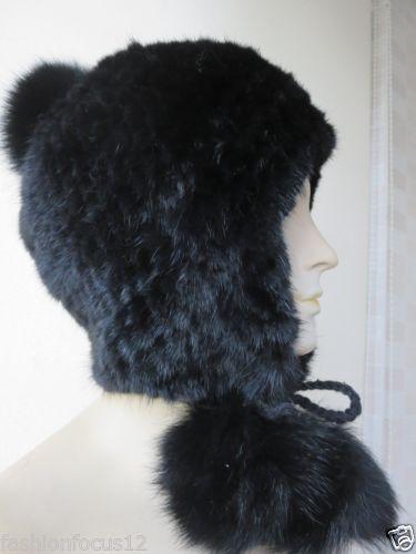 Women's Winter real fox fur balls and mink Fur Ear protection Fashion handmade hat black warm