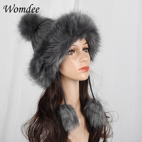 Autumn Winter Faux Fox Fur Caps for Women Girls Fur Ball Knitting Bomber Hats Headband Soft Warm Beanies Caps Female Hats Gift