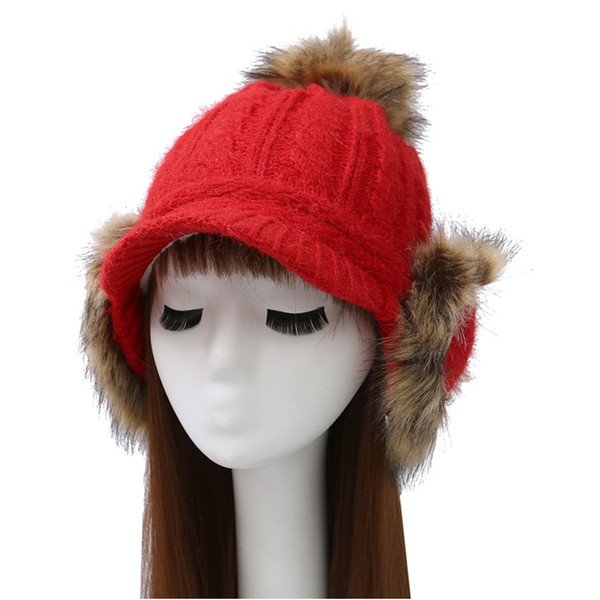 Pompom Knitted Caps Plus Fluffy Bomber Hats With Flaps Thicken Earflap Big Hair Ball Ear Cap Gorros Winter Fur Hats For Women