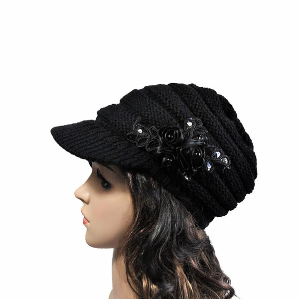 2019 Autumn Winter Fashion Women Knitted Hat Ladies Sequins Flowers Casual Elegant Solid Hats Bomber Hats