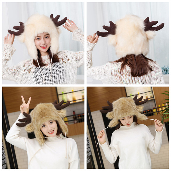 winter Women antler Faux Fur Lei Feng hat warm earmuffs thickening cartoon fox fur plush northeast outdoor animal Trapper Cap AAA1096