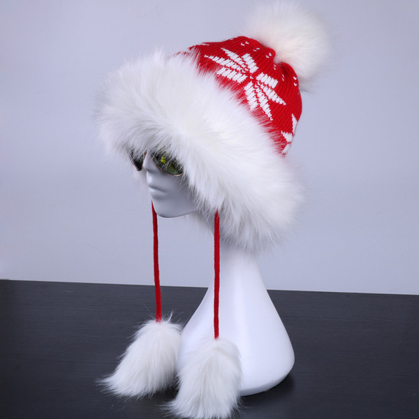 Wholesale- Women Winter Ushanka Russian Hat Fluffy Faux Fur Bomber Trapper Pompom Earflap Warm Cap Wool Knitted Snowflake Beanies Skullies