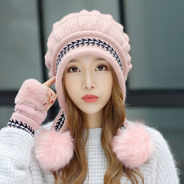 Women's Russian Cossack Fluffy Pompom Bomber Hats Gloves Snow Skiing Hat Caps Earflap Winter Raccoon Fur Bomber Ski Caps