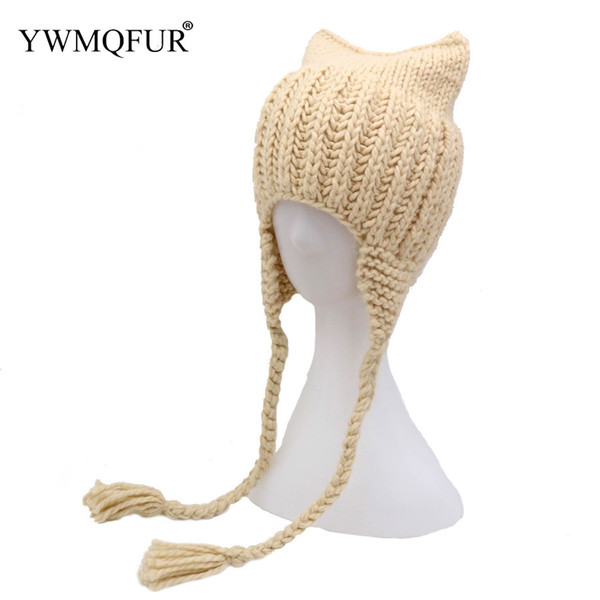 Knitted Bomber Hats For Women Autumn Winter Warm Girl Ear Protection Cat Hat Female Solid Beanies Caps 2018 New Arrival YWMQFUR