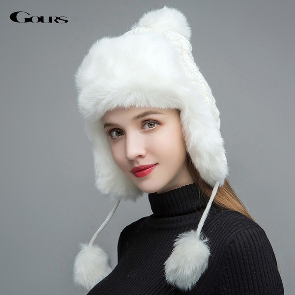 Gours Fur Hats for Women Faux Fur Russian Ushanka Hats Winter Thick Warm Ears Fashion Knitted Bomber Caps New Arrival GLH030