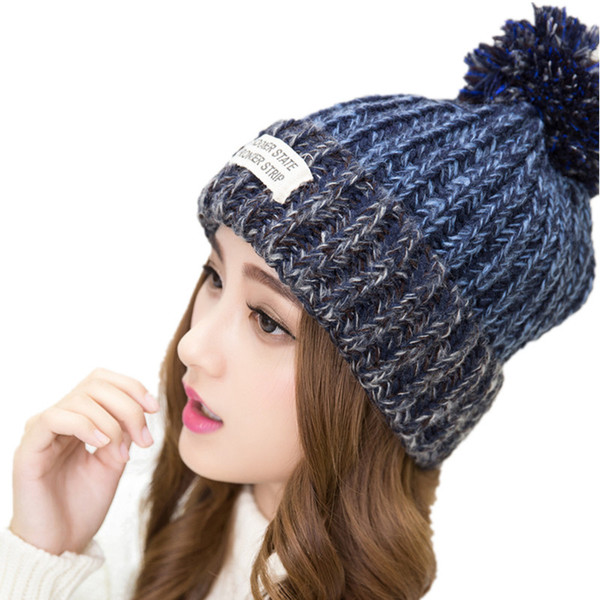 Ladies Autumn And Winter Labeling Wool Hat Korean Version Of The Patch Thick Warm Ball Ball Mixed Color Knit Hat