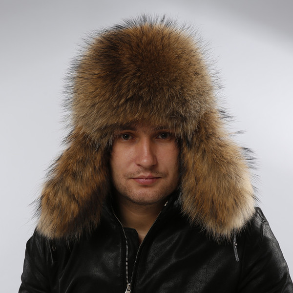 Wholesale-Star Fur Genuine Silver Fox Fur Hats Men Real Raccoon Fur Lei Feng Cap for Russian Men Bomber Hats with Leather Tops