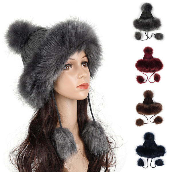 Kagenmo Imitation Fox Pom Hat Faux Leather Straw Hat Female Winter Thick Warm Knitted Furry Ball